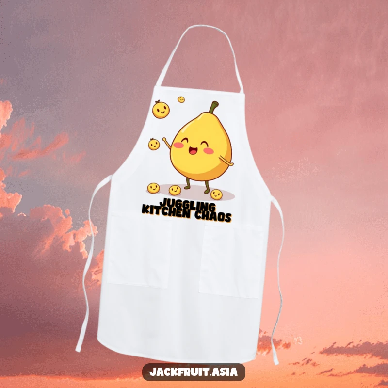 Funny apron featuring a cheerful, round jackfruit character with stubby legs, juggling smiling fruit pieces.