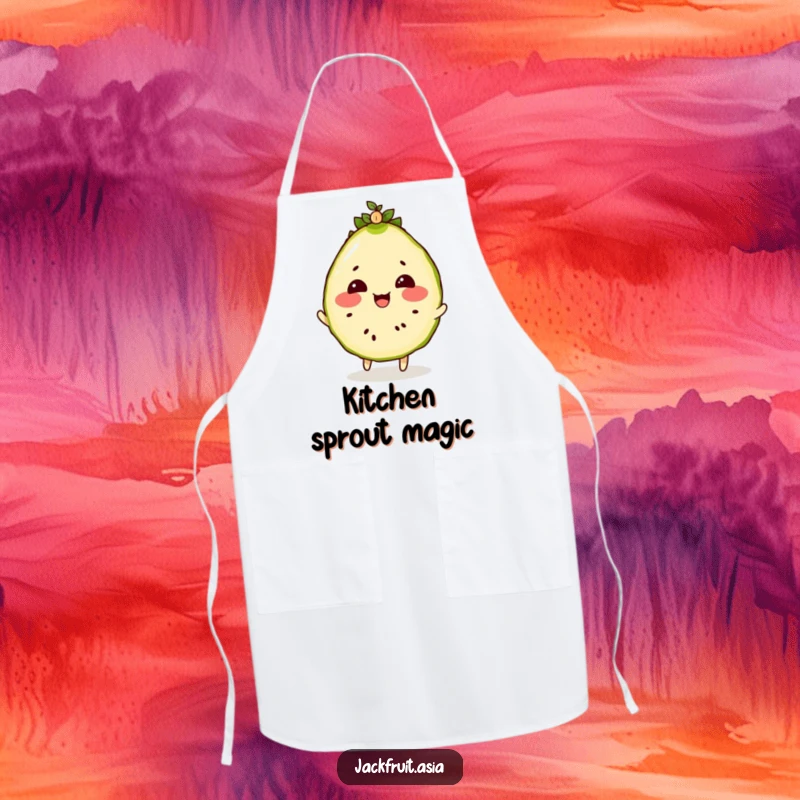 Funny apron featuring a rosy-cheeked jackfruit slice bouncing a tiny, wiggling seedling on its head.