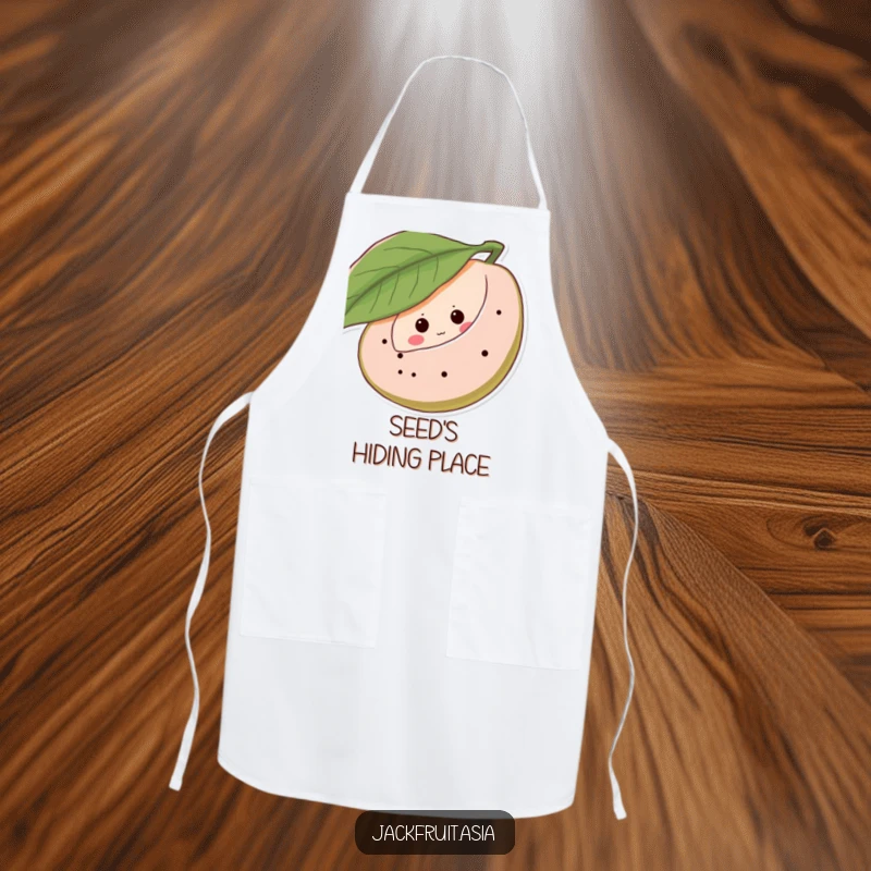 Funny apron featuring a shy jackfruit peeking from behind a leaf with giggling eye dots, ideal for a humorous and practical kitchen accessory.