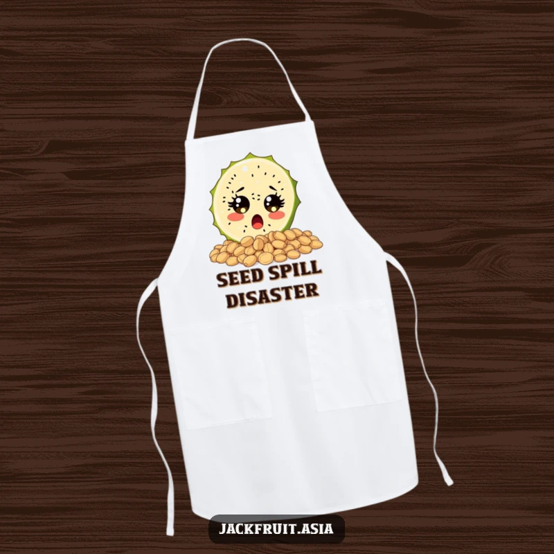 Funny apron featuring a surprised jackfruit slice with wide, sparkling eyes tumbling over seeds, ideal for a humorous and practical kitchen accessory.
