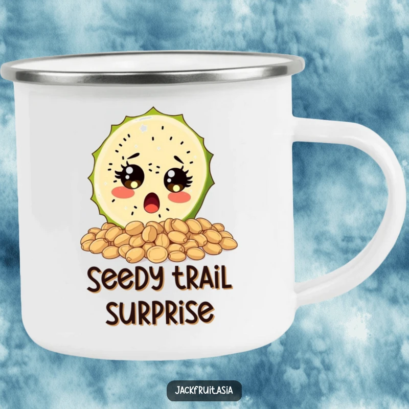 Funny camping mug featuring a surprised jackfruit slice with wide, sparkling eyes tumbling over seeds, ideal for outdoor humor.