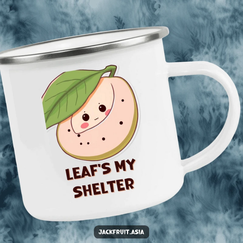 Funny camping mug featuring a shy jackfruit peeking from behind a leaf, complete with giggling eye dots, ideal for outdoor humor.