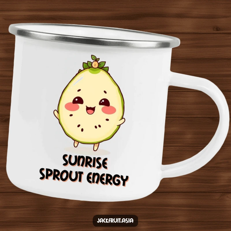 Funny enamel camping mug featuring a rosy-cheeked jackfruit slice bouncing a tiny, wiggling seedling on its head.