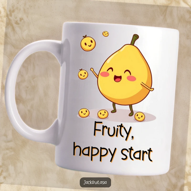 Funny mug featuring a cheerful, round jackfruit character with stubby legs, happily juggling small, smiling pieces of fruit.
