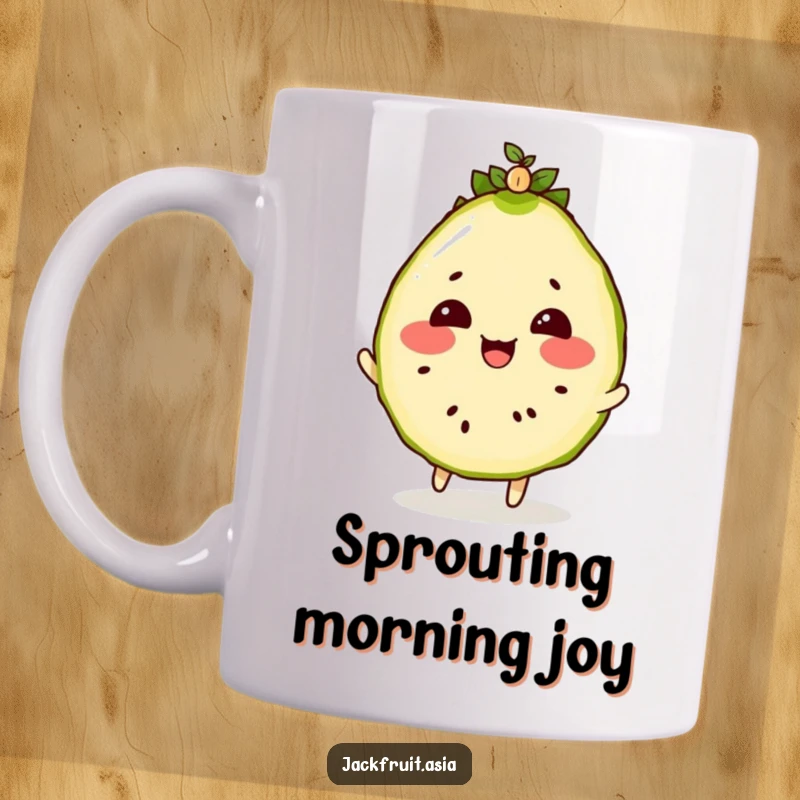 Funny mug featuring a jackfruit slice with rosy cheeks, playfully bouncing a tiny, wiggling seedling on its head.
