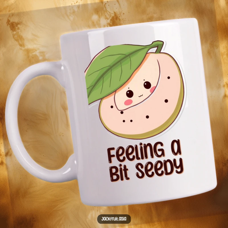 Funny mug featuring a shy jackfruit character peeking from behind a leaf, with cute giggling eye dots, ideal for a humorous gift.