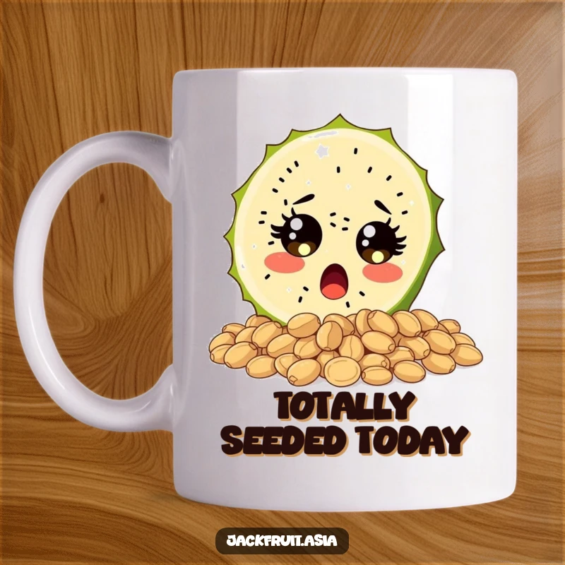 Funny mug featuring a surprised jackfruit slice with wide, sparkling eyes tumbling over seeds, ideal for a humorous and expressive gift.
