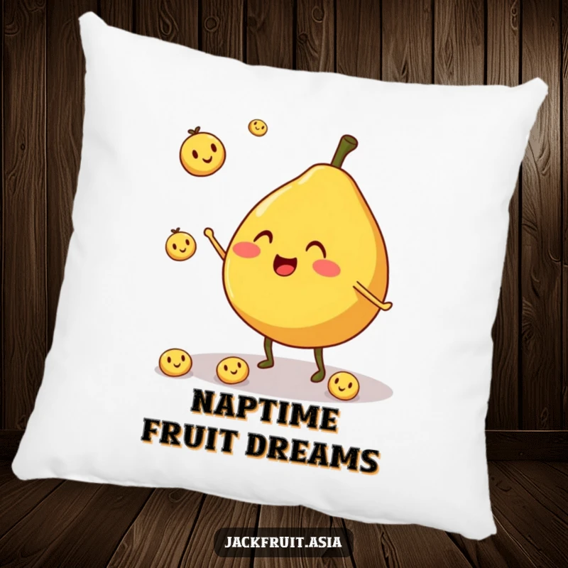 Funny pillow featuring a round, cheerful jackfruit character with stubby legs, juggling smiling fruit pieces.