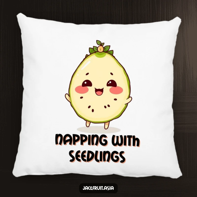 Funny pillow featuring a rosy-cheeked jackfruit slice bouncing a tiny, wiggling seedling on its head.