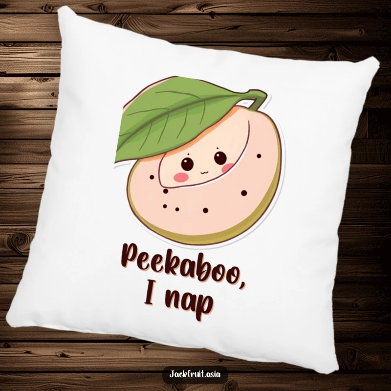 Funny pillow with a shy jackfruit character peeking from behind a leaf, featuring cute giggling eye dots for a humorous and cozy feel.