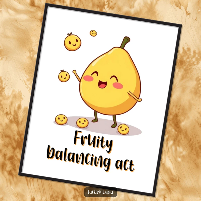 Funny digital art print of a cheerful, round jackfruit character with stubby legs, juggling smiling fruit pieces.