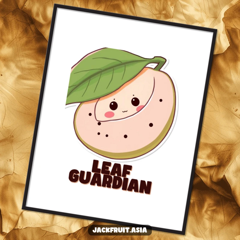 Funny digital art print of a shy jackfruit peeking from behind a leaf, with cute giggling eye dots, perfect for humorous wall decor.