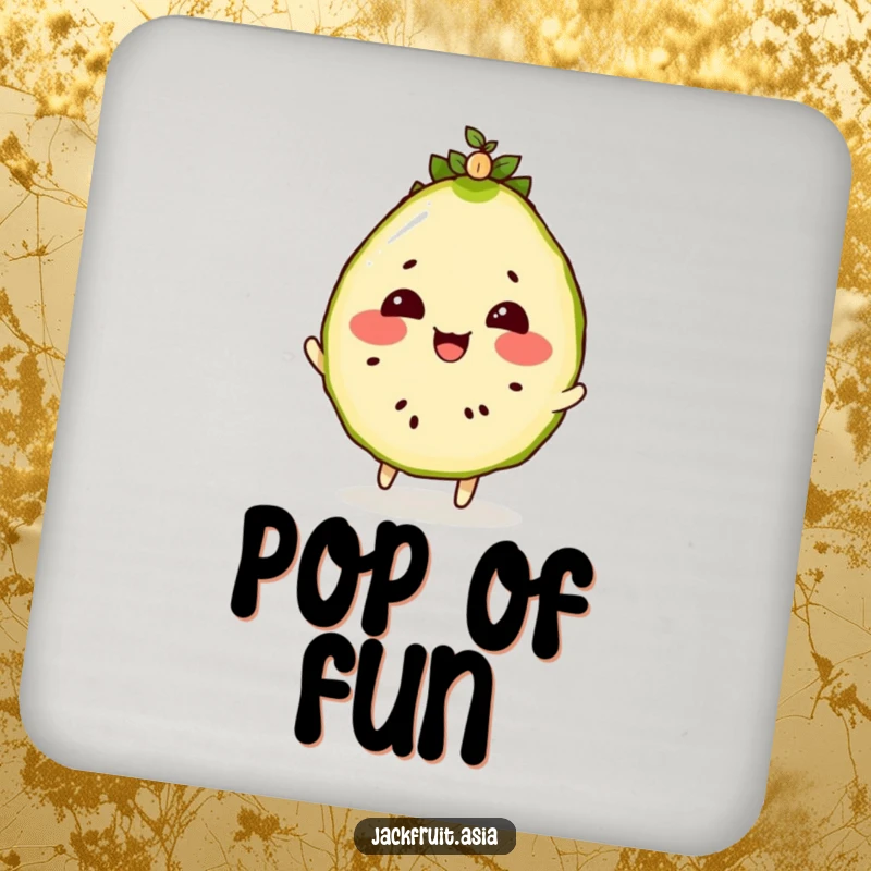 Funny drink coaster featuring a rosy-cheeked jackfruit slice bouncing a tiny, wiggling seedling on its head.