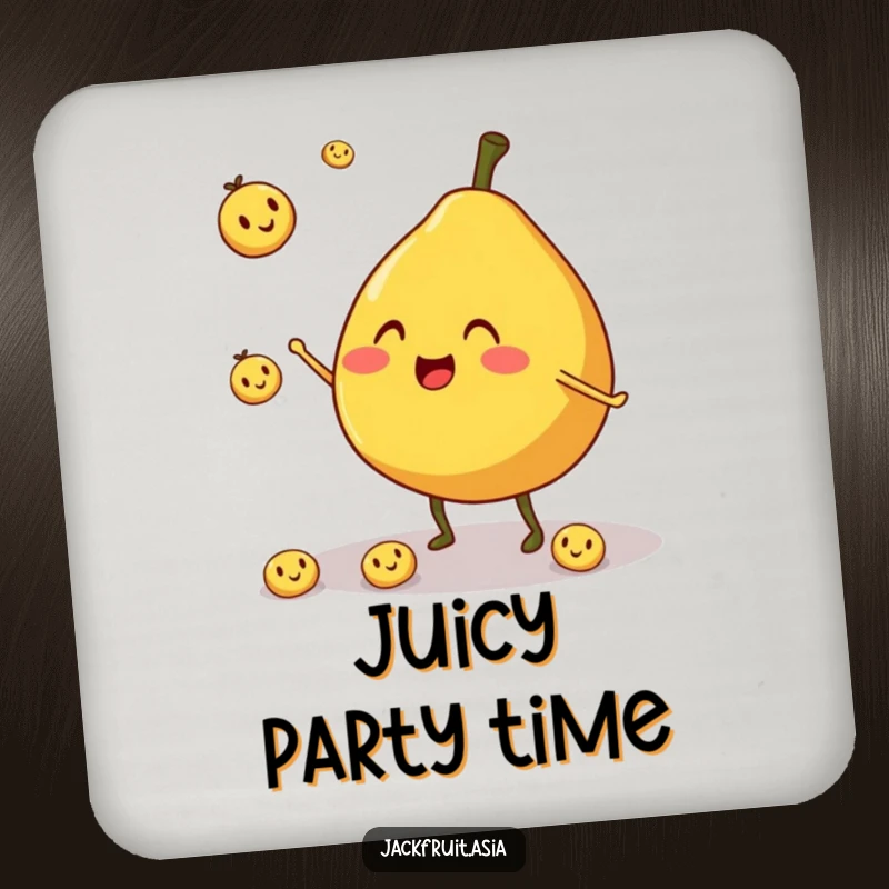 Funny drink coaster featuring a cheerful, round jackfruit character with stubby legs, juggling smiling fruit pieces.