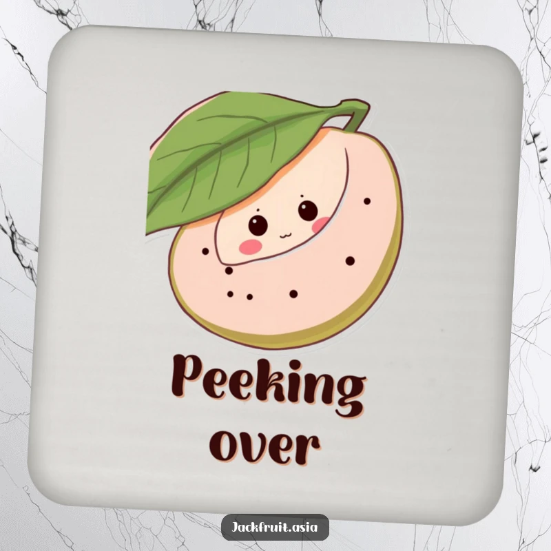 Funny coasters featuring a shy jackfruit peeking from behind a leaf with giggling eye dots, offering humorous protection for surfaces.