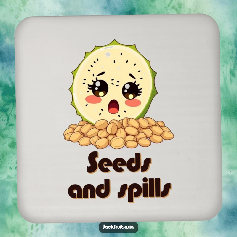 Funny coasters featuring a surprised jackfruit slice with wide, sparkling eyes tumbling over seeds, offering humorous protection for surfaces.