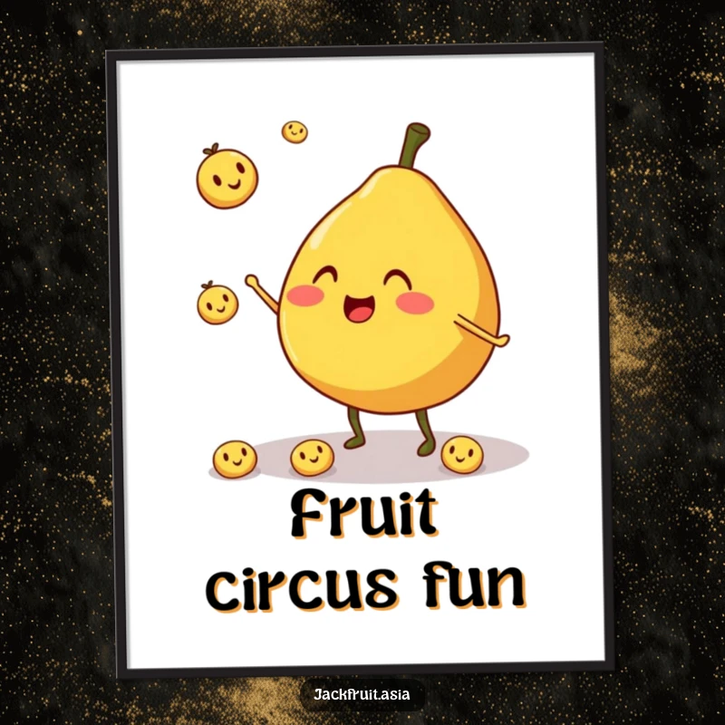 Funny poster showcasing a cheerful, round jackfruit character with stubby legs, joyfully juggling smiling fruit pieces.