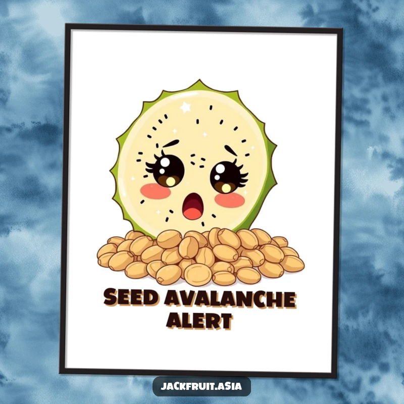 Funny poster showcasing a surprised jackfruit slice with wide, sparkling eyes tumbling over seeds, perfect for humorous and expressive wall decor.