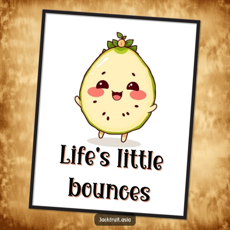 Funny poster depicting a rosy-cheeked jackfruit slice playfully bouncing a tiny, wiggling seedling on its head.
