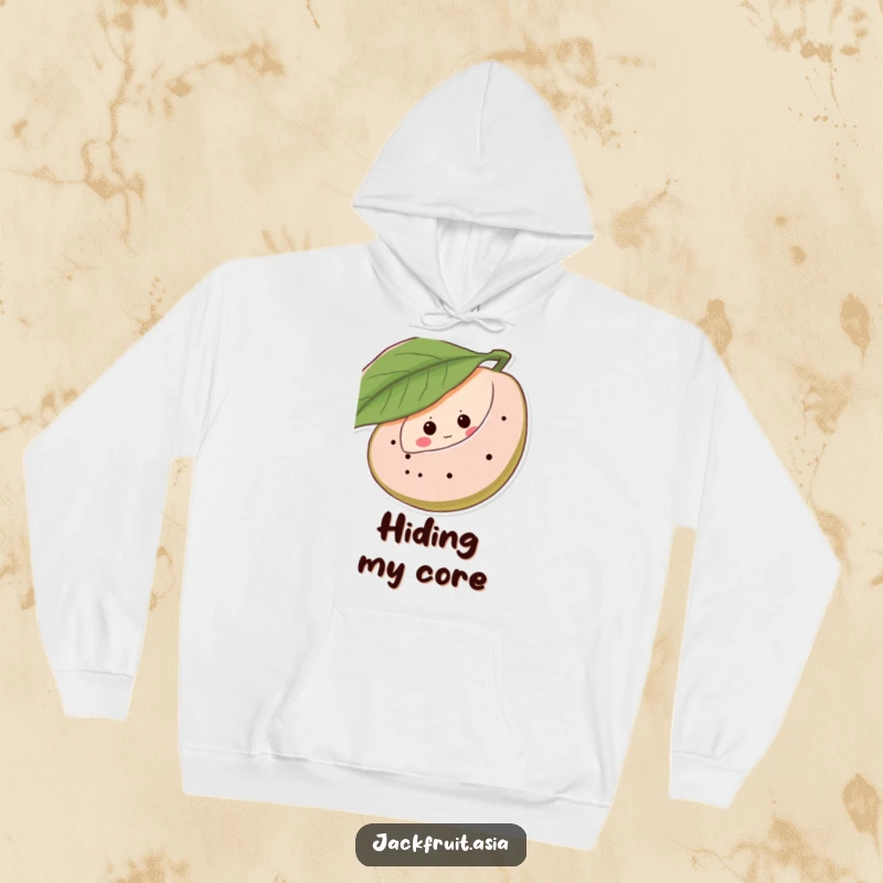 Funny hoodie showcasing a shy jackfruit peeking from behind a leaf, complete with giggling eye dots, offering a warm and humorous feel.