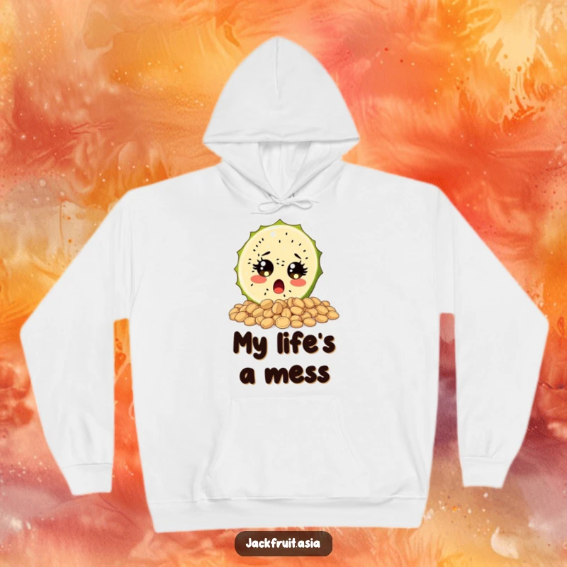Funny hoodie featuring a surprised jackfruit slice with wide, sparkling eyes tumbling over seeds, offering a surprise and humorous feel.