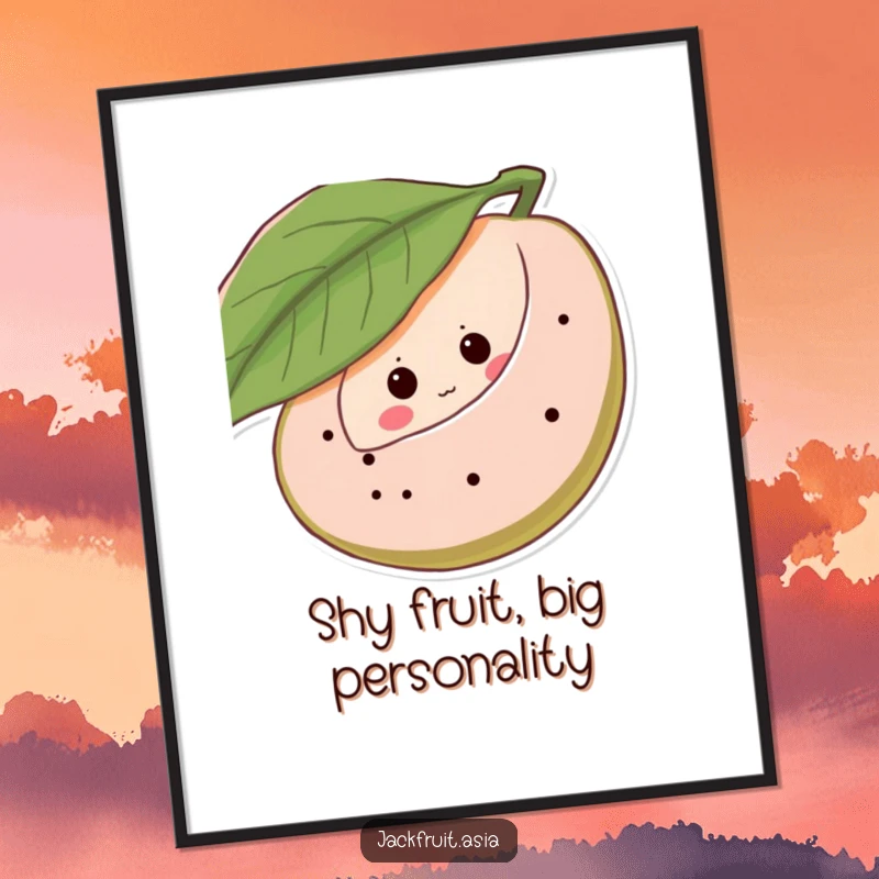 Funny Free Printable Wall Art: Shy jackfruit peeking from behind leaf with giggling eyes, quirky decor.