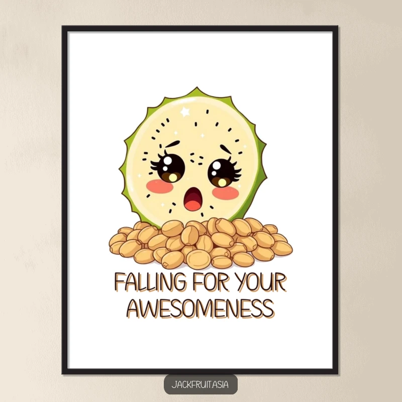 Funny Free Printable Wall Art: Surprised jackfruit slice with wide eyes tumbling over seeds, quirky decor.
