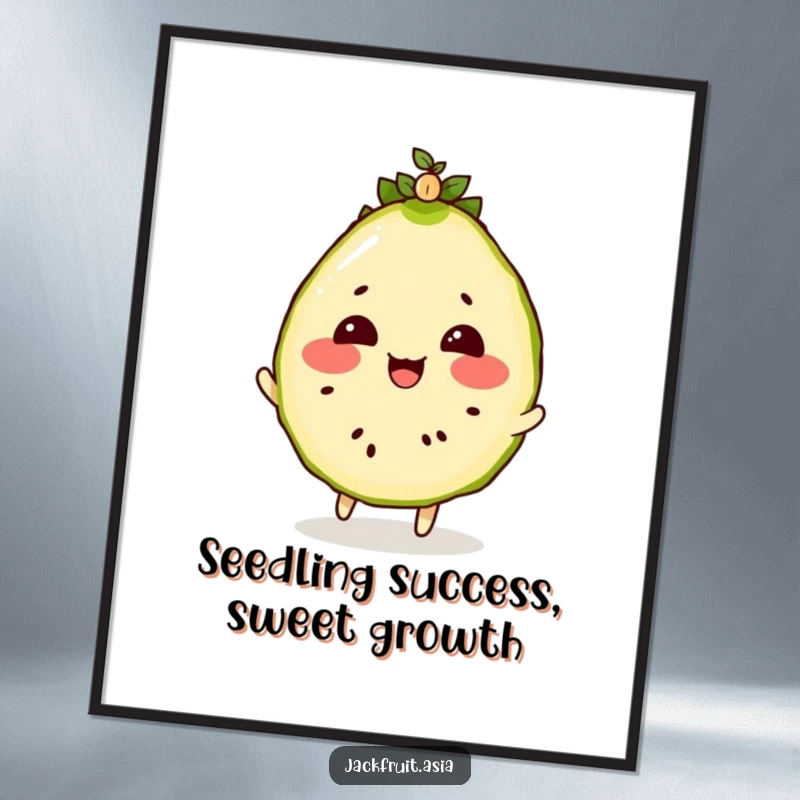 Funny Free Printable Wall Art: A rosy-cheeked jackfruit slice bounces a tiny, wiggling seedling on its head.