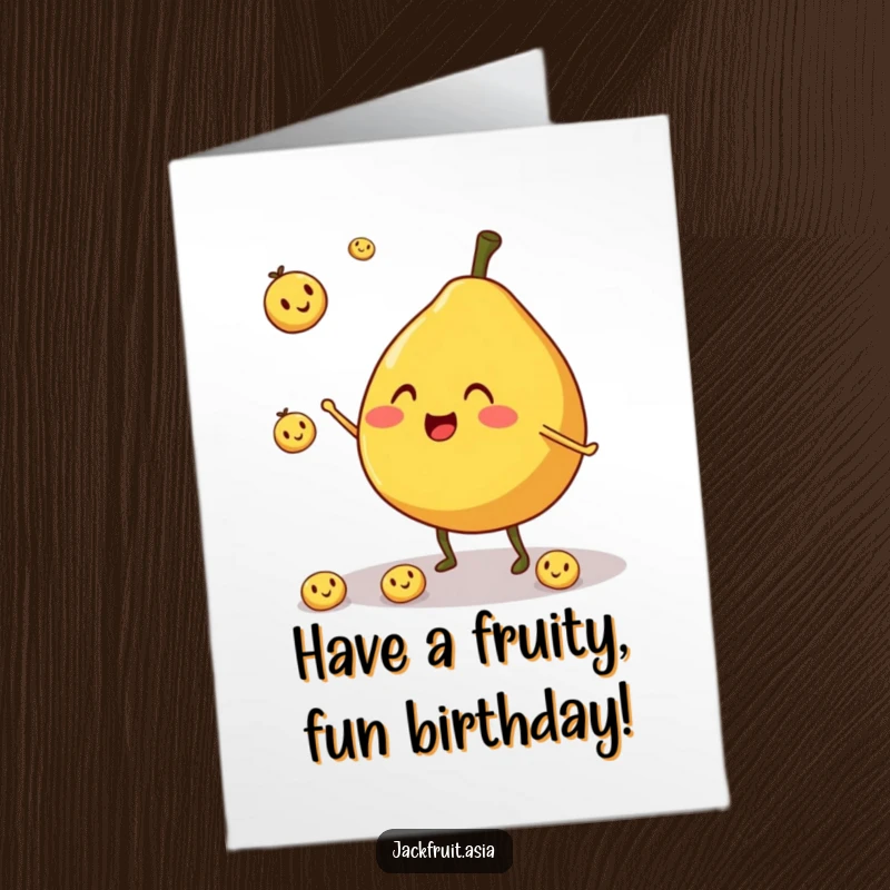 Funny Free Printable Birthday Card: A cheerful jackfruit juggles smiling fruit pieces with joy.