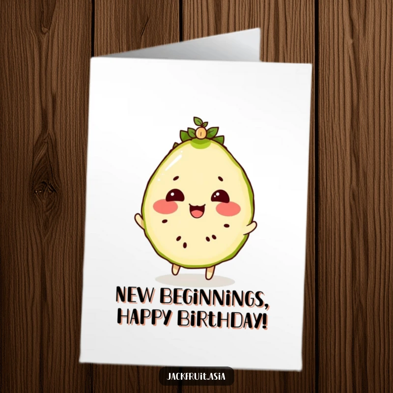 Funny Free Printable Birthday Card: A rosy-cheeked jackfruit slice bounces a wiggly seedling on its head.