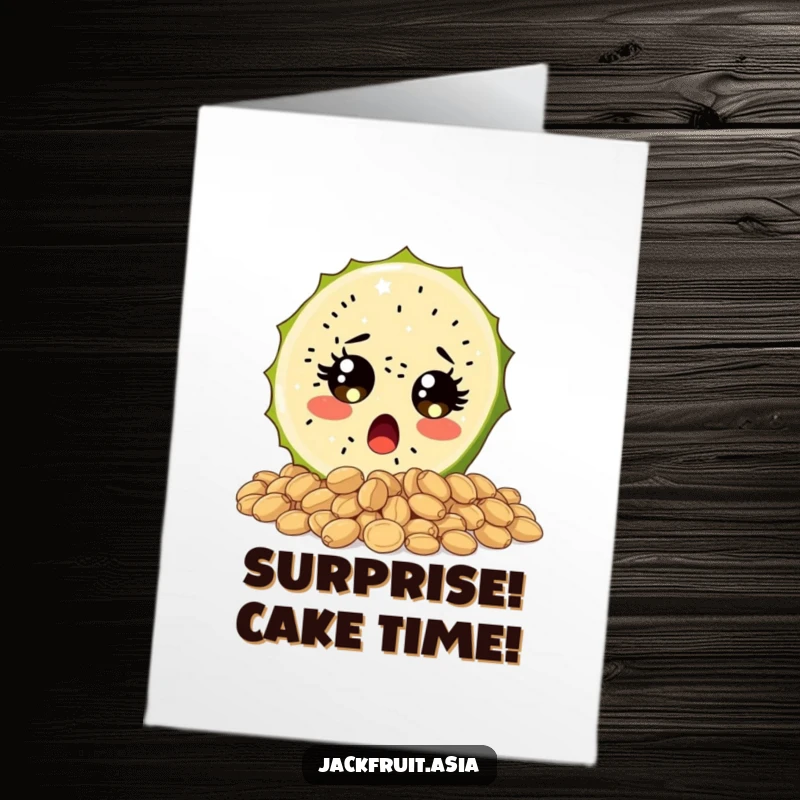 Funny Free Printable Birthday Card: Surprised jackfruit slice, wide eyes, tumbling seeds, downloadable gift.
