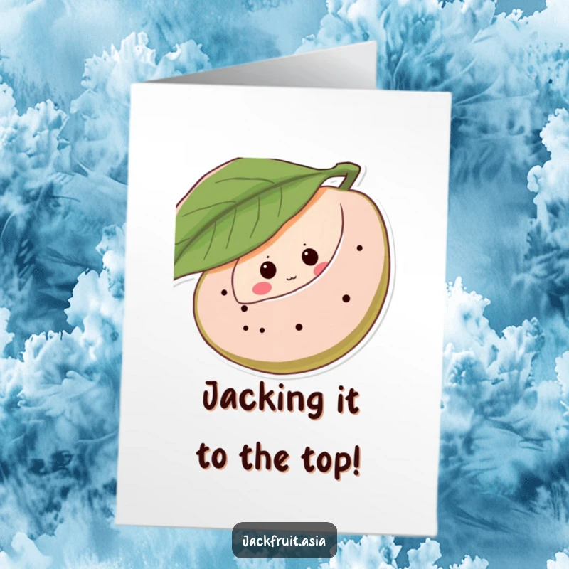 Funny Free Printable Congrats Card: Shy jackfruit hiding behind leaf, giggling dots, great downloadable gift.