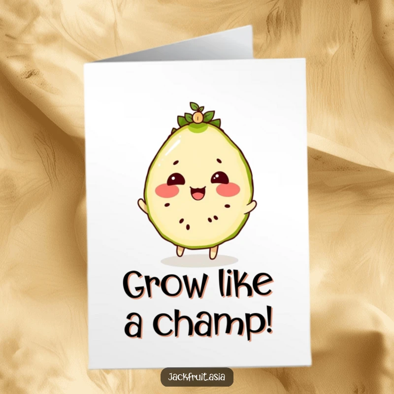 Funny Free Printable Congrats Card: A rosy-cheeked jackfruit slice bounces a seedling, celebrating new ventures.