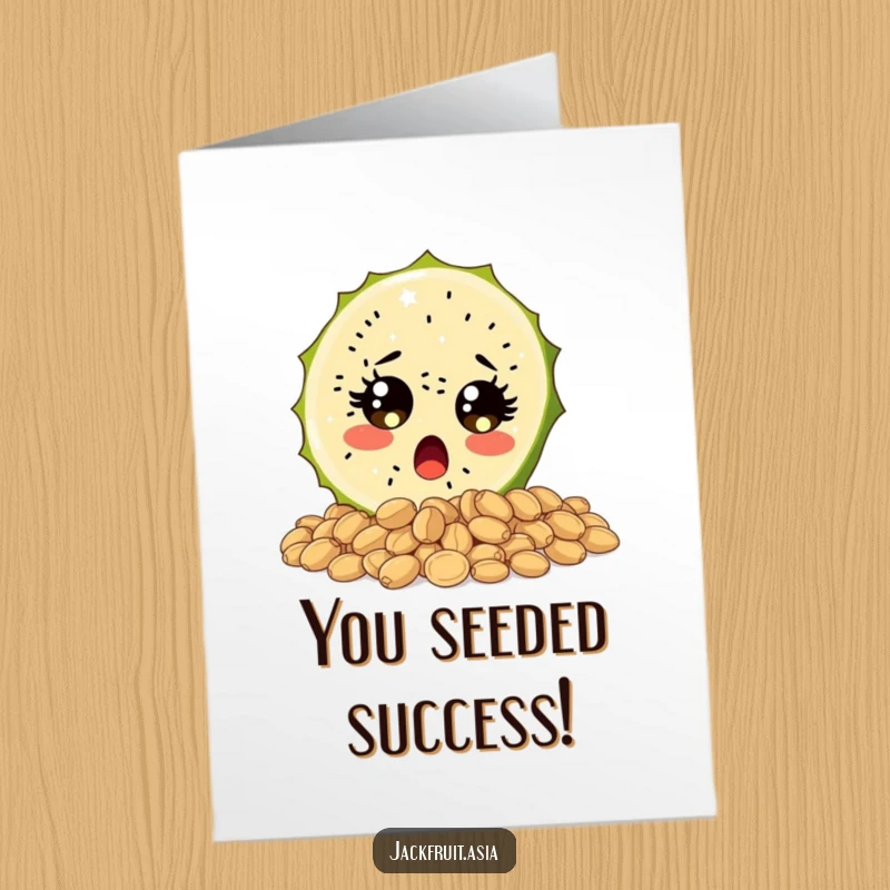Funny Free Printable Congrats Card: Surprised jackfruit slice with wide eyes falling over seeds, downloadable gift.