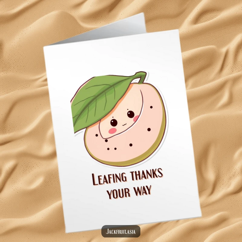 Funny Free Printable Thank You Card: Shy jackfruit peeking out, giggling eyes, perfect downloadable gift.
