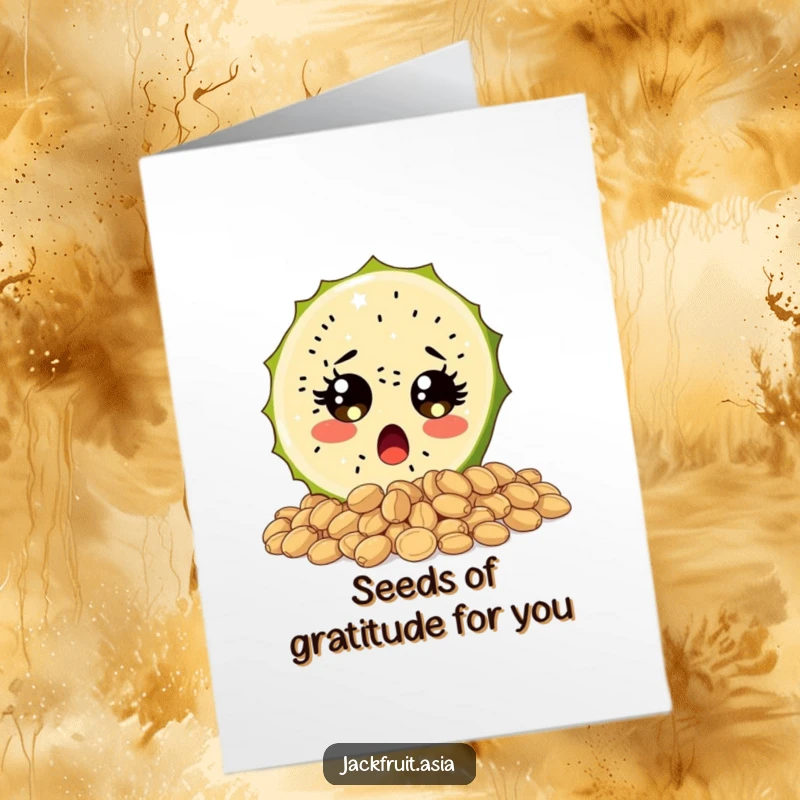 Funny Free Printable Thank You Card: Surprised jackfruit slice with sparkling eyes tumbling, downloadable gift.