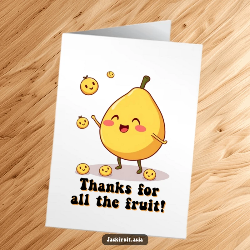 Funny Free Printable Thank You Card: A cheerful jackfruit juggles smiling fruit pieces, offering thanks.