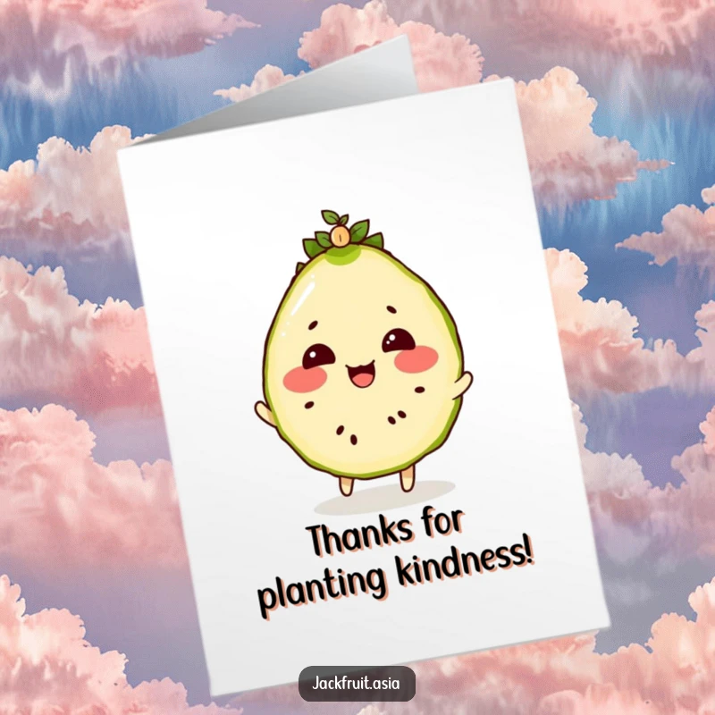 Funny Free Printable Thank You Card: A rosy-cheeked jackfruit slice bounces a seedling with gratitude.