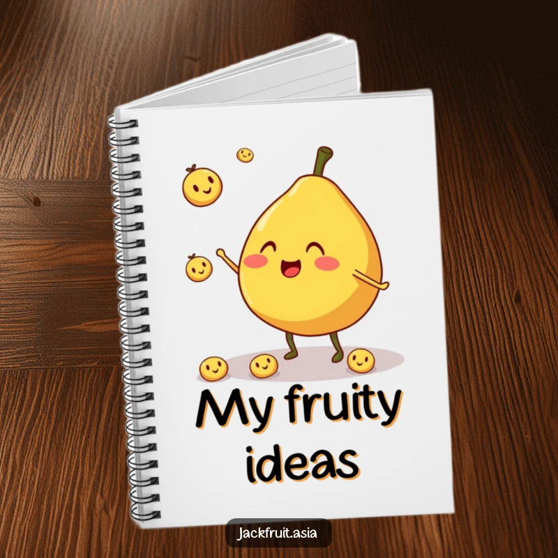 Funny notebook featuring a cheerful, round jackfruit character with stubby legs, juggling smiling fruit pieces.
