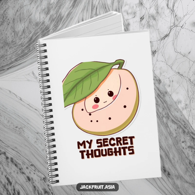 Funny notebook with a shy jackfruit character peeking from behind a leaf, adorned with giggling eye dots, perfect for journaling with humor.
