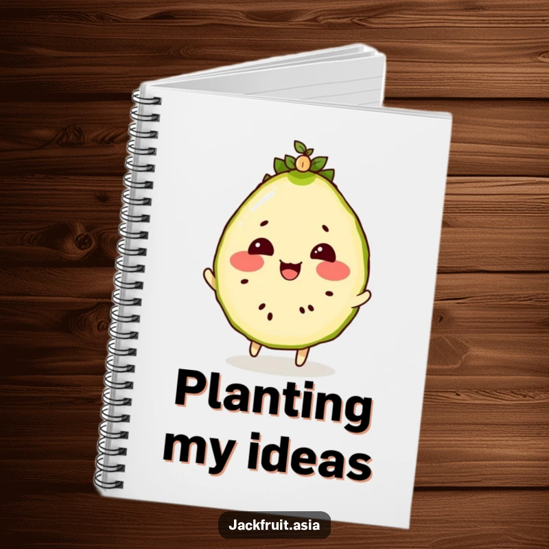 Funny notebook featuring a rosy-cheeked jackfruit slice bouncing a tiny, wiggling seedling on its head.