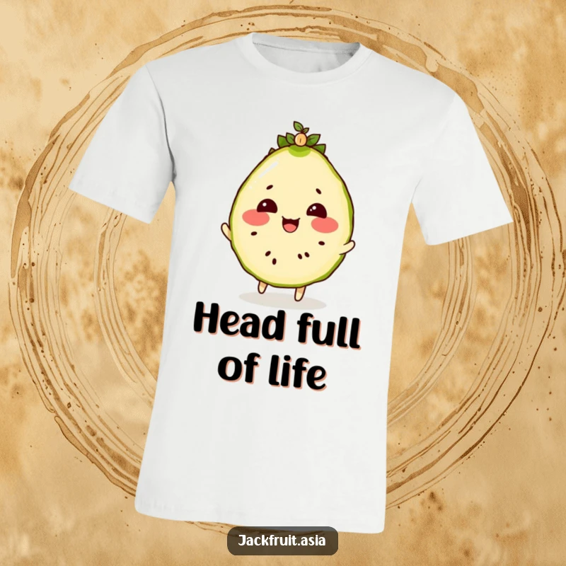 Funny t-shirt showcasing a jackfruit slice with rosy cheeks, happily bouncing a tiny, wiggling seedling on its head.