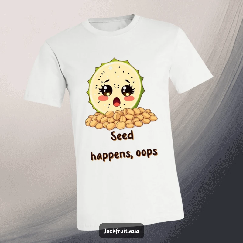 Funny t-shirt with a surprised jackfruit slice, wide sparkling eyes, tumbling over seeds, perfect for a humorous and expressive present.