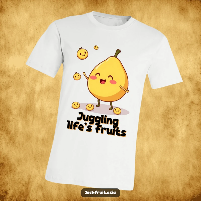 Funny t-shirt showcasing a round, cheerful jackfruit character with stubby legs, juggling smiling fruit pieces with glee.