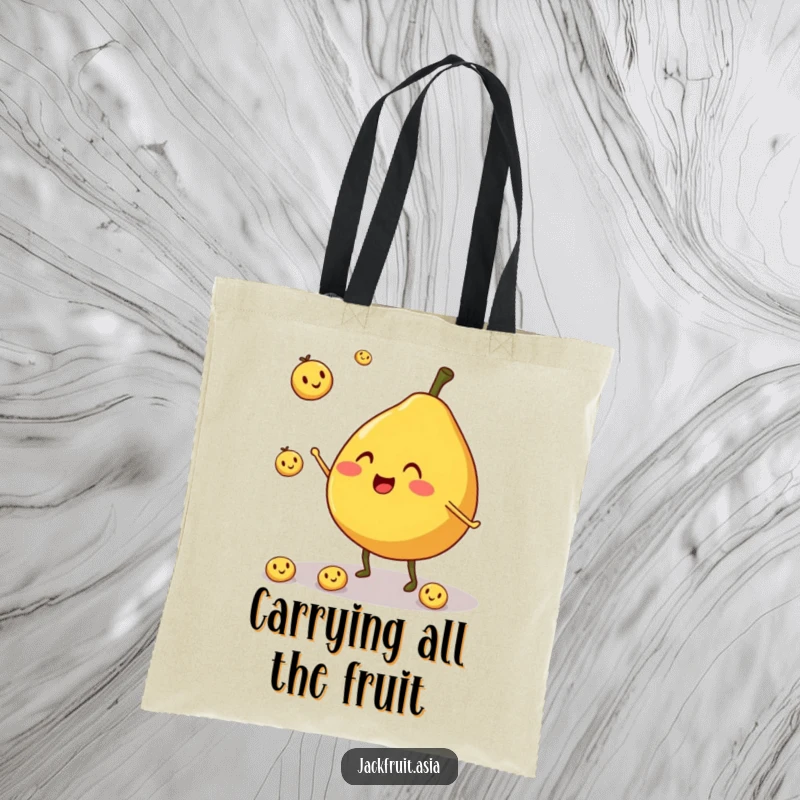 Funny tote bag featuring a round, cheerful jackfruit character with stubby legs, juggling smiling fruit pieces.