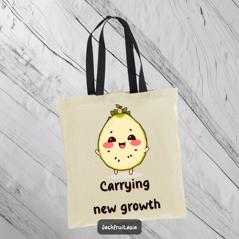 Funny tote bag featuring a rosy-cheeked jackfruit slice bouncing a tiny, wiggling seedling on its head.
