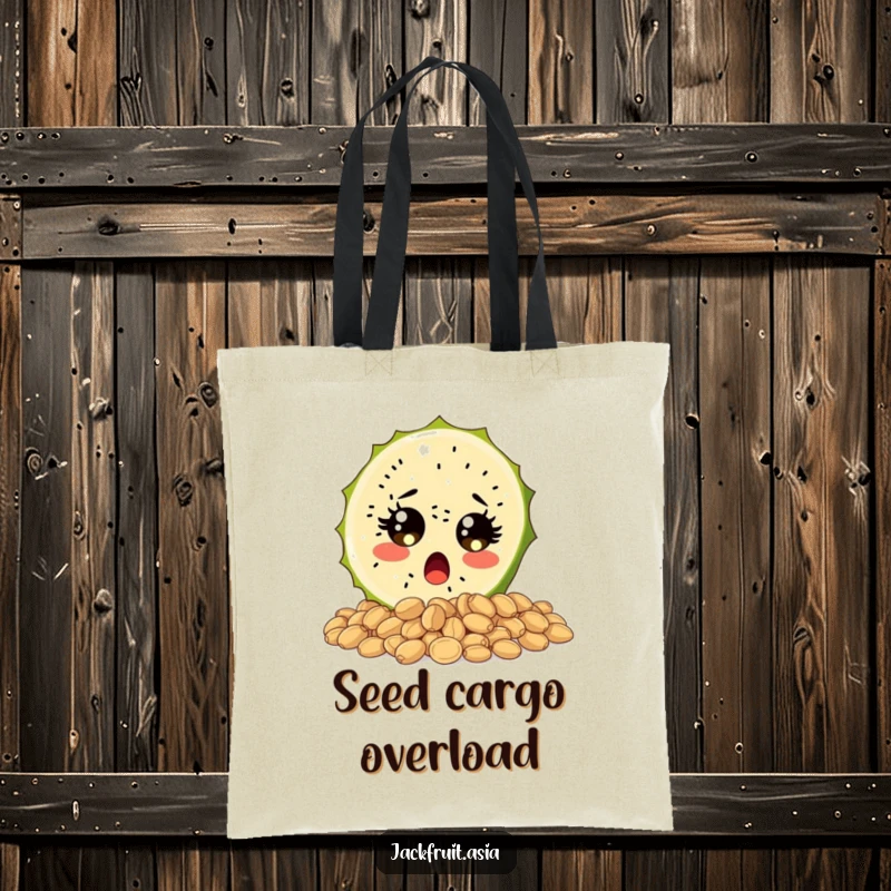 Funny tote bag featuring a surprised jackfruit slice with wide, sparkling eyes tumbling over seeds, a charming and humorous accessory.